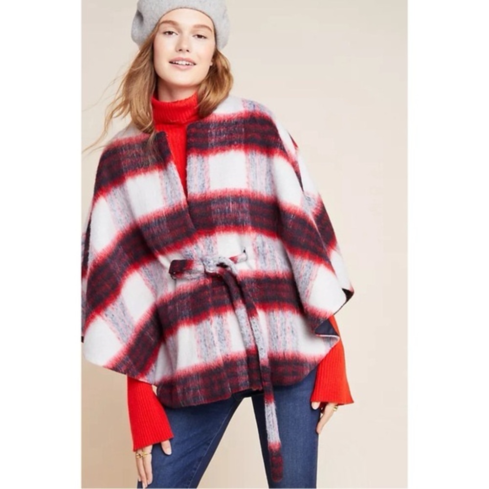 Anthropologie Red and Black Plaid Poncho